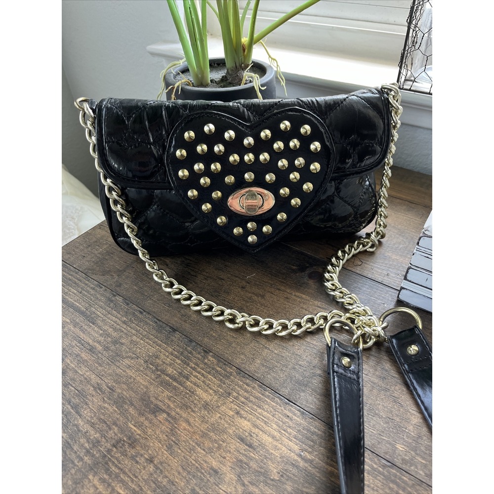 Betsey Johnson Betseyvill Y2K Black Studded Puffy  Heart Purse Chain Crossbody